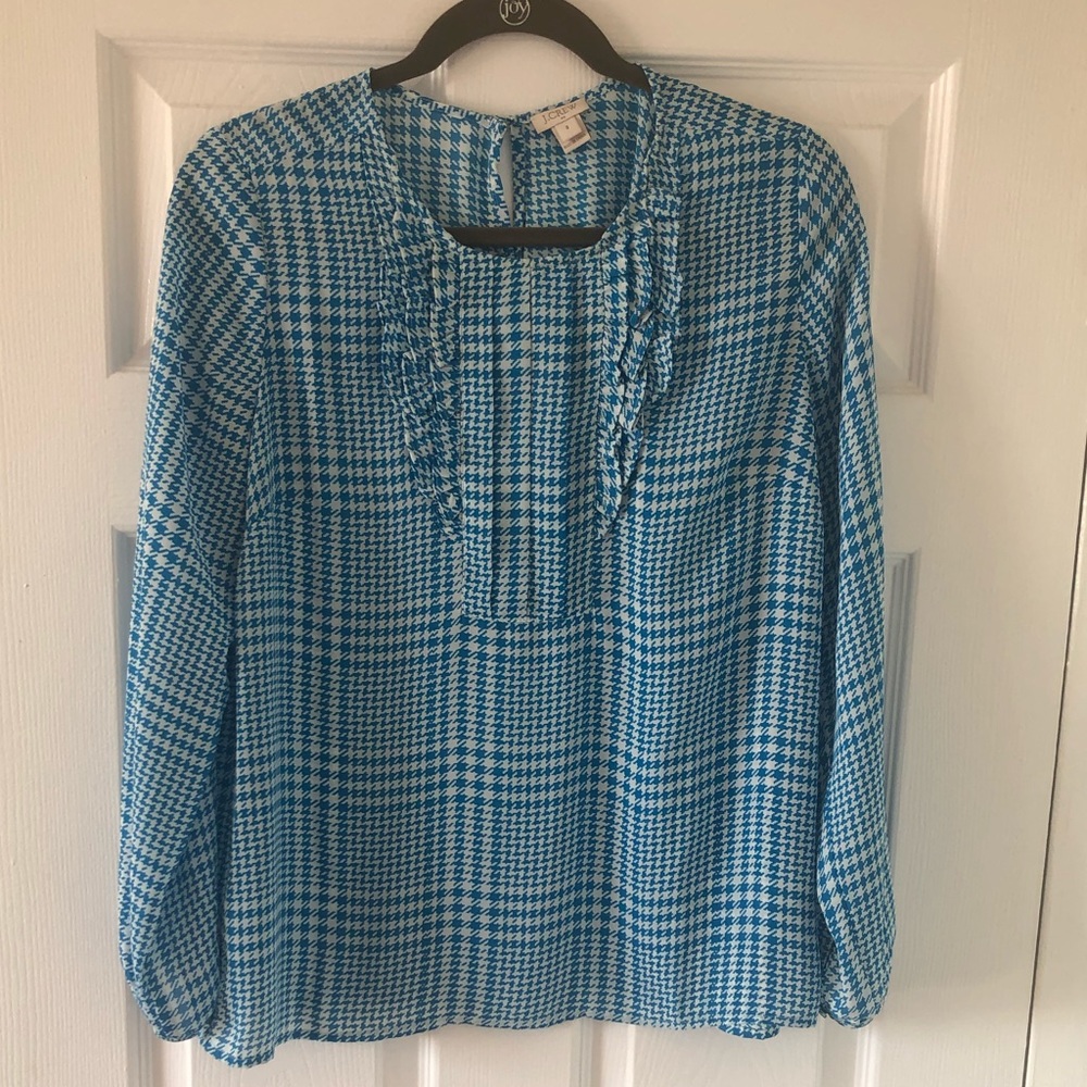 JCrew  Blue Ruffle Houndstooth blouse — size 8